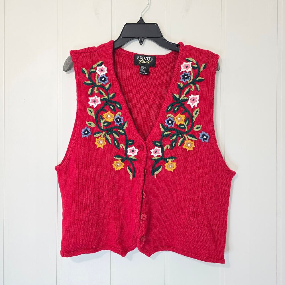 Vintage Sweater Vest Pronto Gold Floral Embroidered Red Knit Buttons L